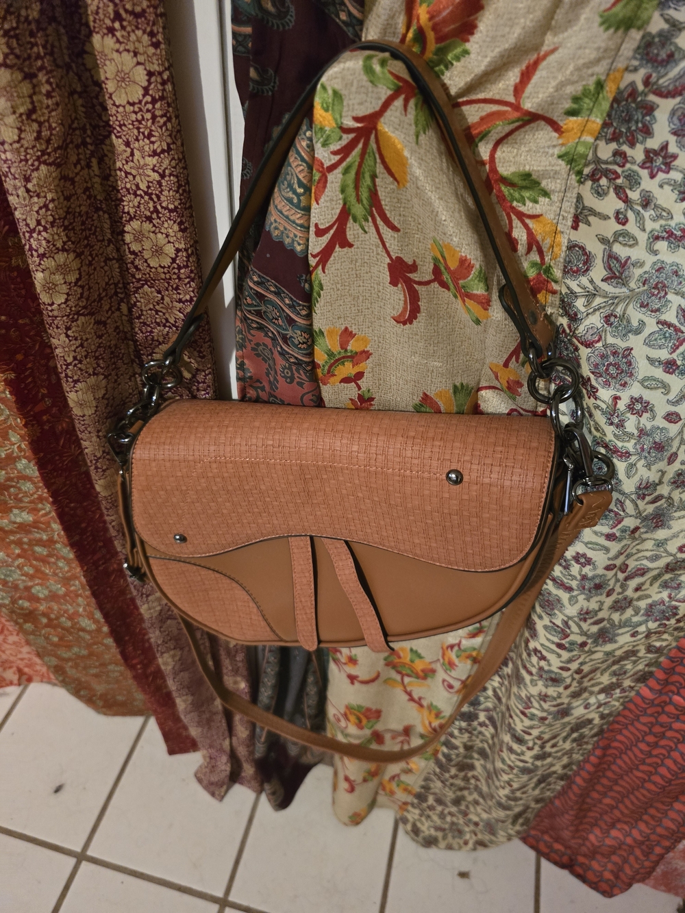 Tan Saddle Crossbody Bag with Textured Flap